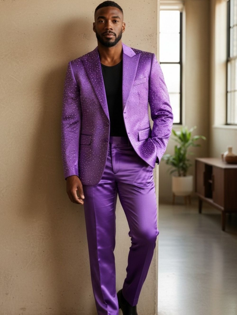 Prom Satin Formal Suit Barocco 38 Jacket 32 Pants Purple Rain Prince Rhinestone